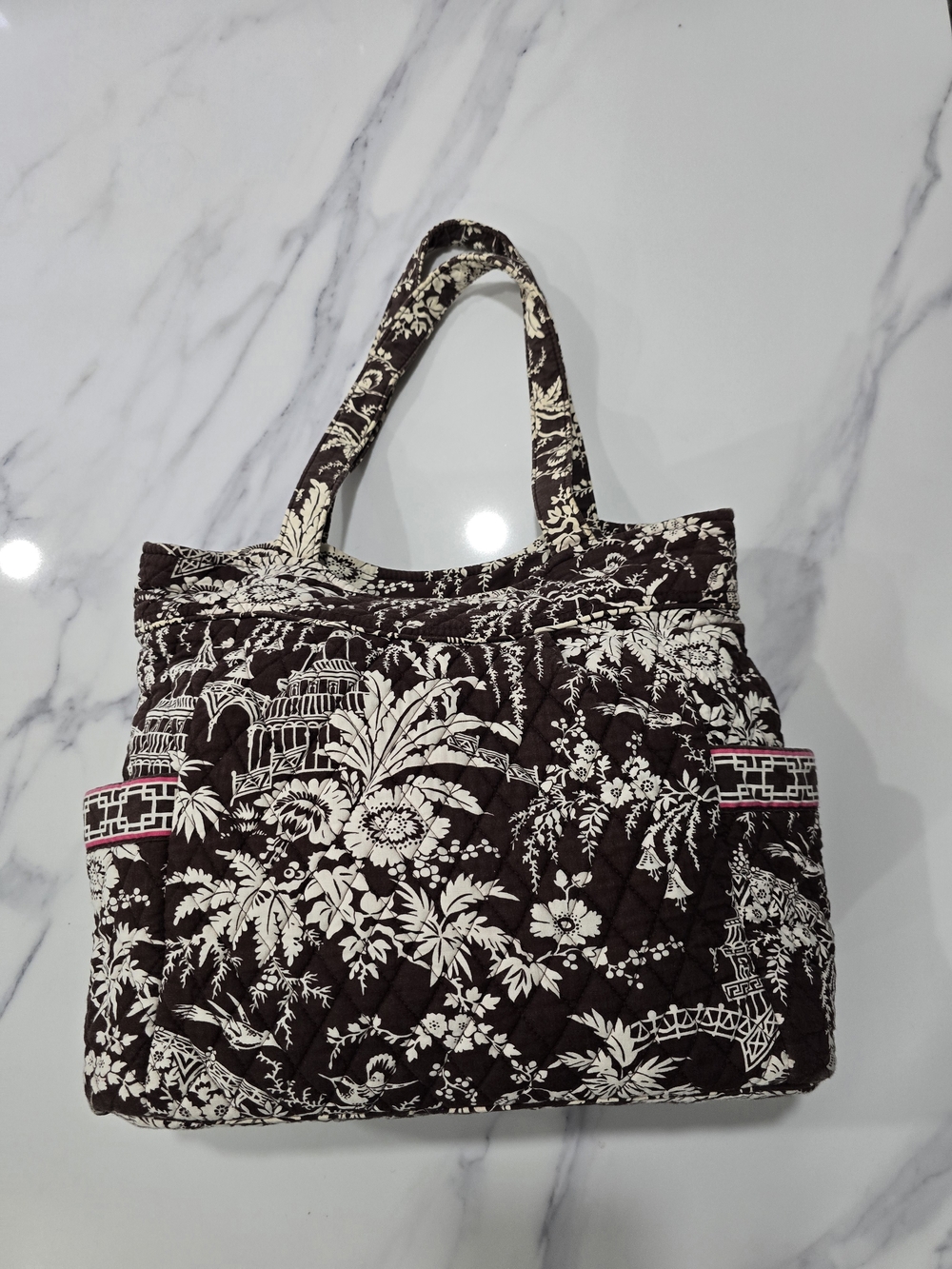 Vera Bradley Quilted Floral Tote in Brown and Cream